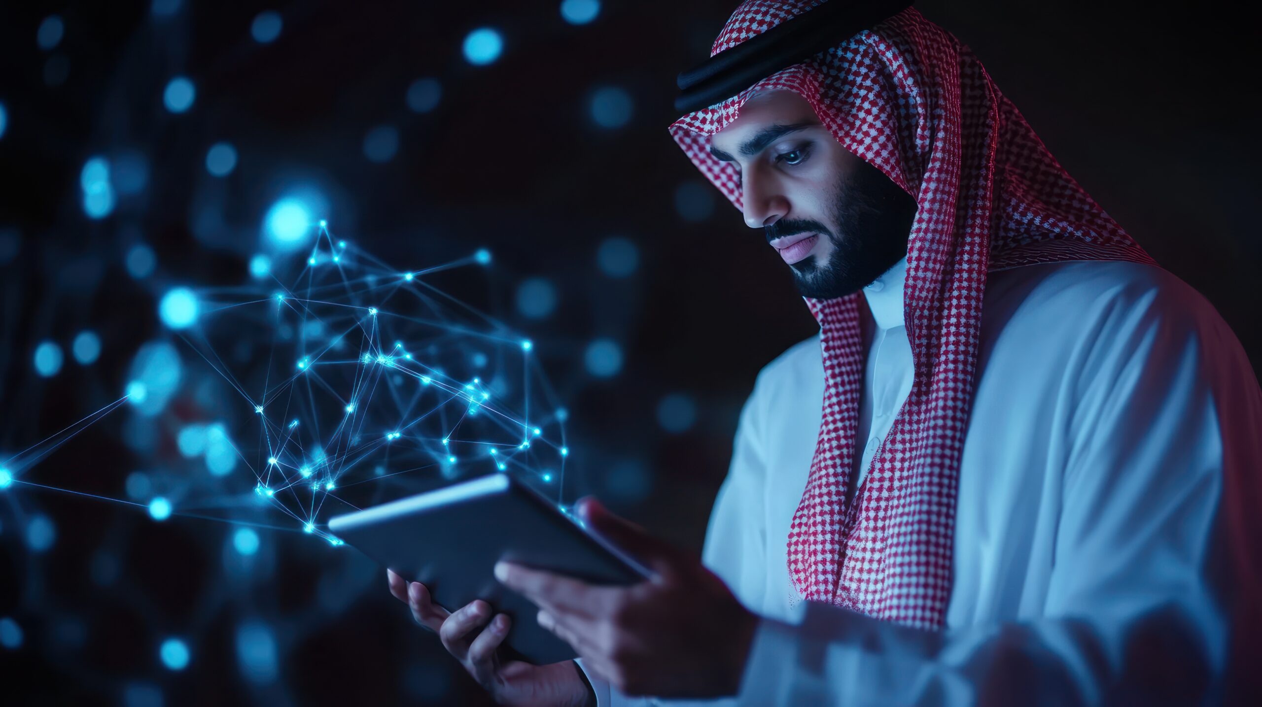 A man in traditional attire interacts with a digital tablet amidst a network of glowing connections.