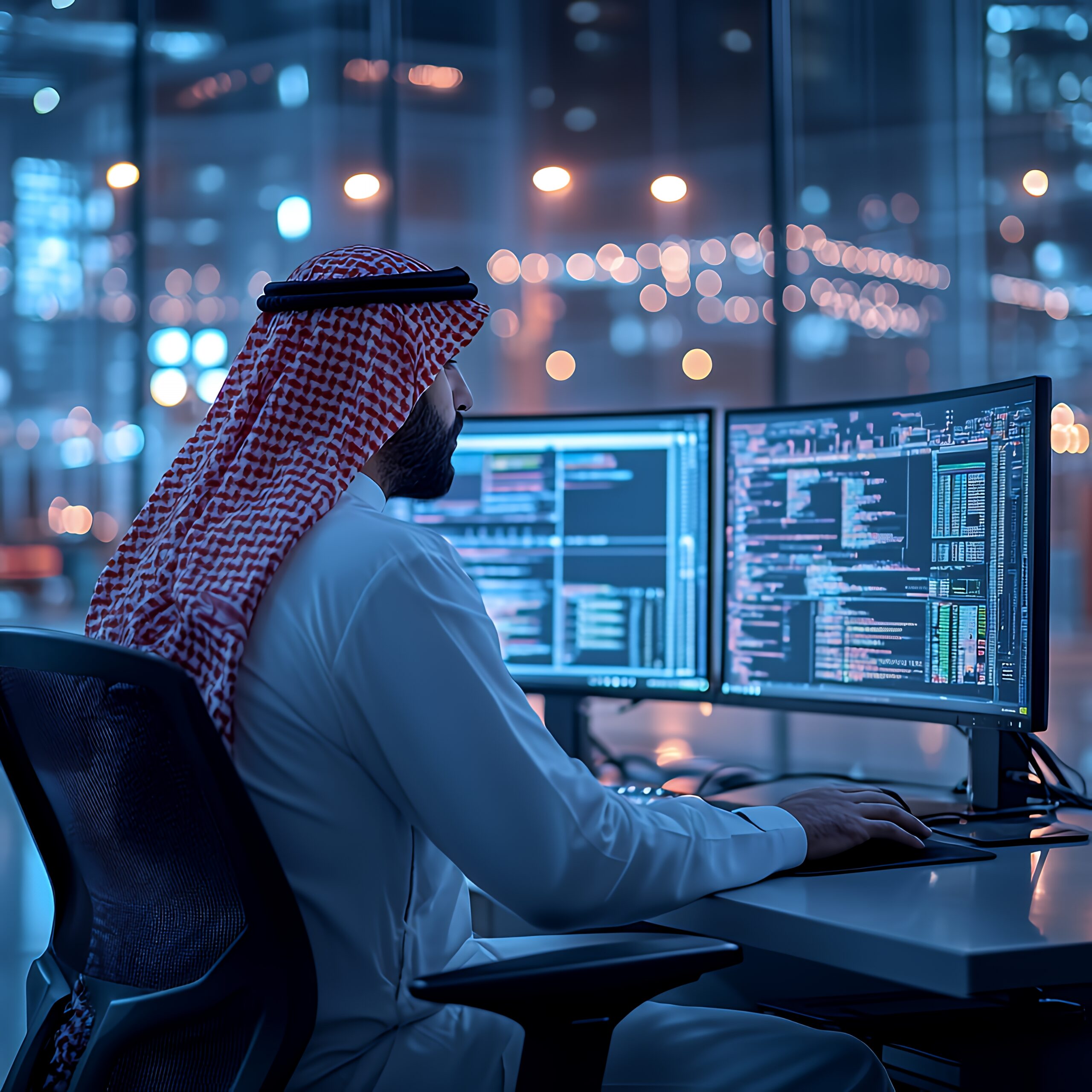 A man in traditional Middle Eastern clothing works on a computer in a modern office, with a city lights background.